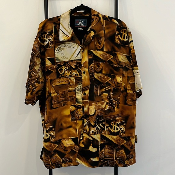 Vintage 90s Impaq Sports Wear Money Gold Currency Photoprint Hawaiian Shirt Men - Picture 1 of 14